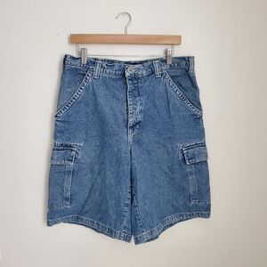 90s Vintage Guess Button Fly Carpenter Cargo Denim Shorts Baggy Jorts Size 34